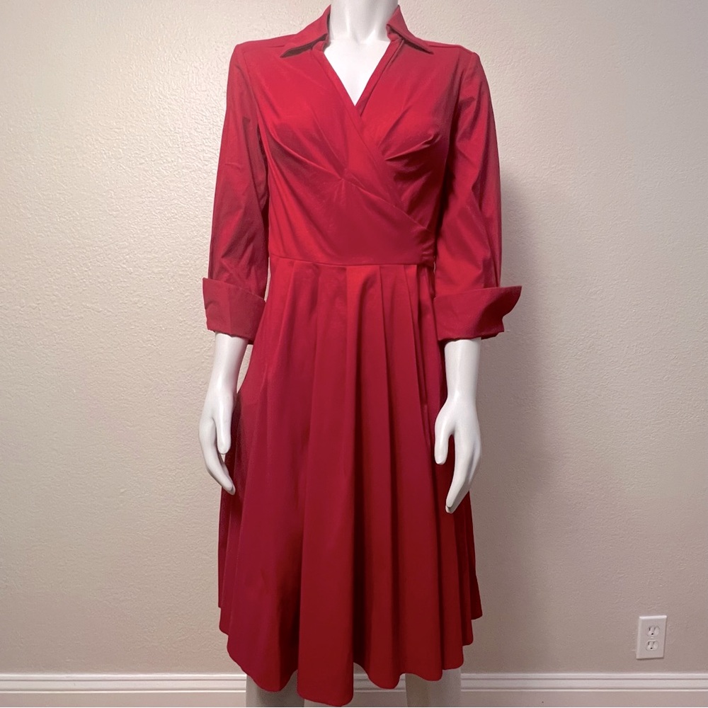 Donna Ricco Bright Red Pleated Wrap Dress With Tie Belt